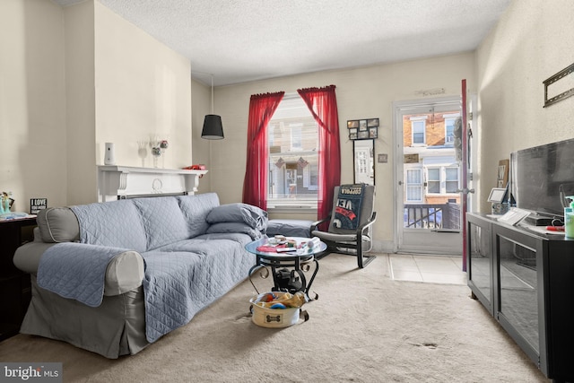 carpeted living room with a healthy amount of sunlight and a textured ceiling