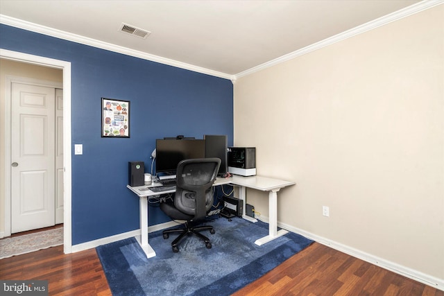 office space featuring ornamental molding and dark hardwood / wood-style flooring