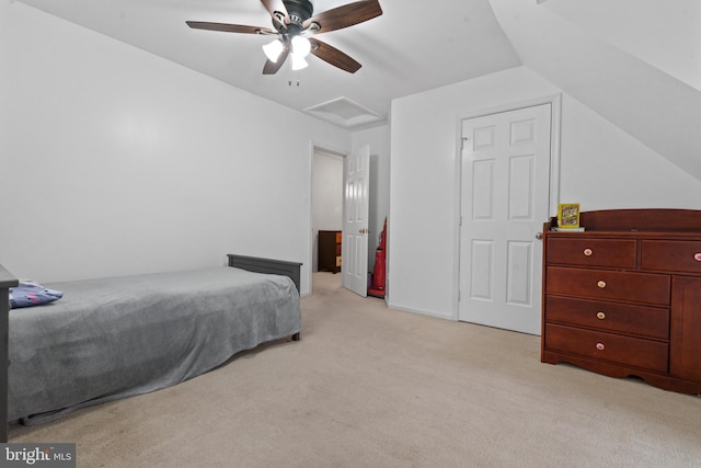 bedroom with light colored carpet and ceiling fan