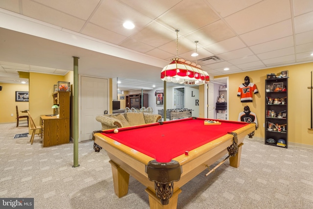 recreation room featuring light carpet, pool table, and a paneled ceiling