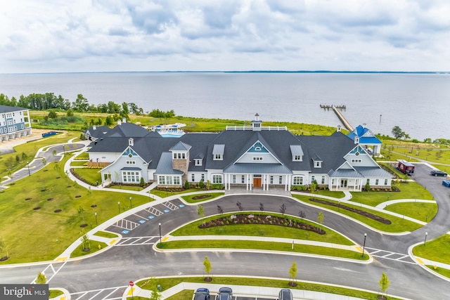 aerial view featuring a water view