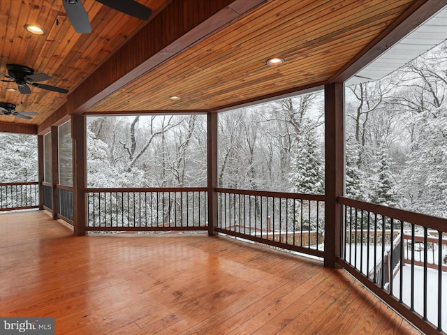 snow covered deck with ceiling fan