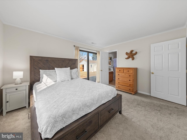 bedroom with light colored carpet, ornamental molding, and access to outside