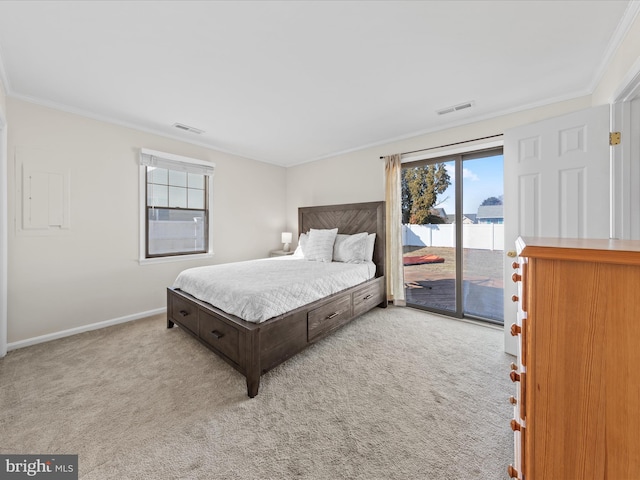 carpeted bedroom with access to outside and ornamental molding