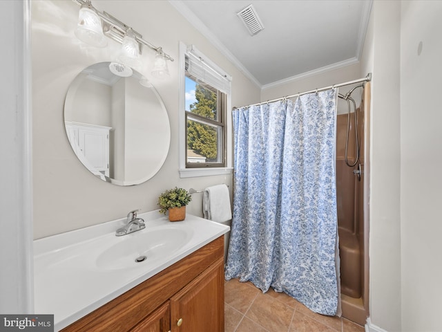 bathroom featuring crown molding, vanity, tile patterned floors, and walk in shower