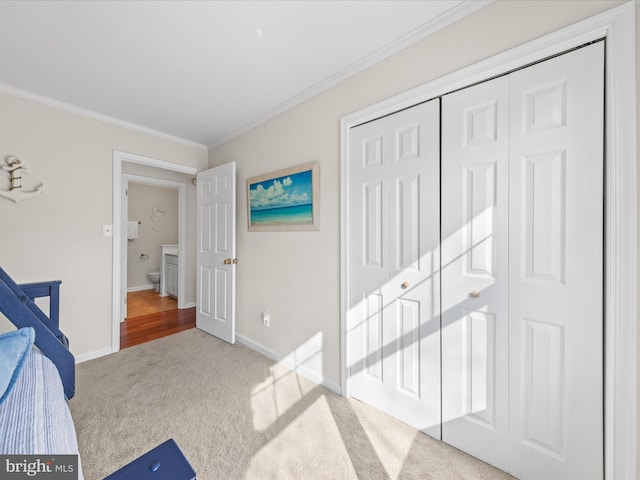 carpeted bedroom with crown molding and a closet