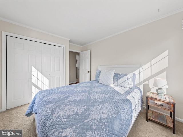 carpeted bedroom featuring ornamental molding and a closet