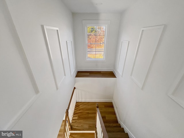 stairs featuring hardwood / wood-style flooring