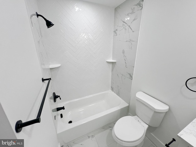 bathroom with tiled shower / bath combo and toilet