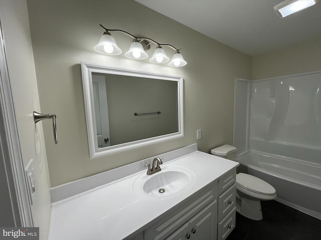 full bathroom featuring vanity, tile patterned flooring, toilet, and washtub / shower combination