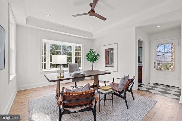 office space featuring a tray ceiling, light wood-style floors, and a wealth of natural light