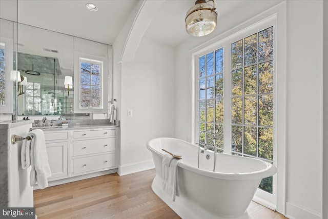 full bath with baseboards, wood finished floors, a stall shower, a freestanding tub, and vanity