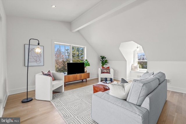 living room featuring visible vents, vaulted ceiling with beams, baseboards, recessed lighting, and wood finished floors