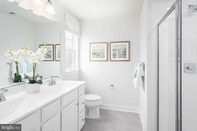 bathroom featuring tile patterned floors, toilet, a shower with door, and vanity