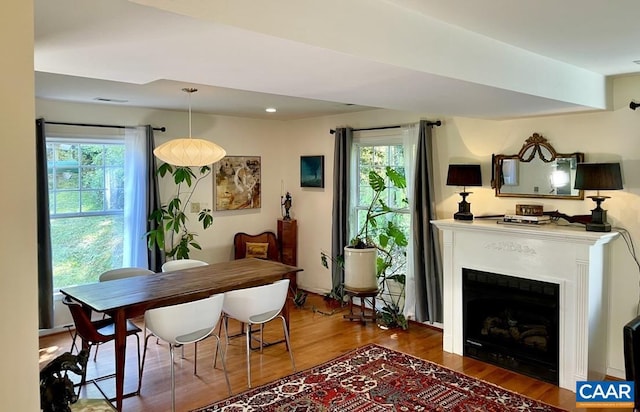 dining space with a wealth of natural light and wood-type flooring