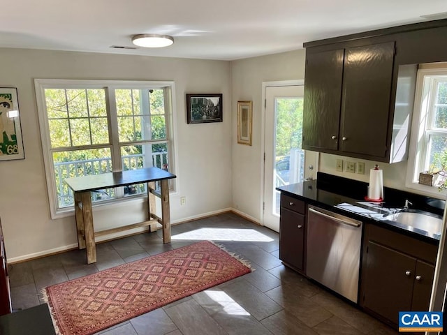 kitchen featuring stainless steel dishwasher, sink, and dark brown cabinets