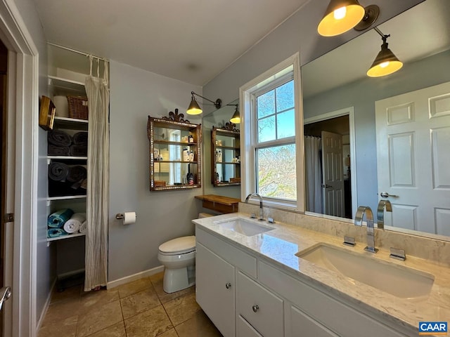 bathroom featuring tile patterned floors, vanity, and toilet