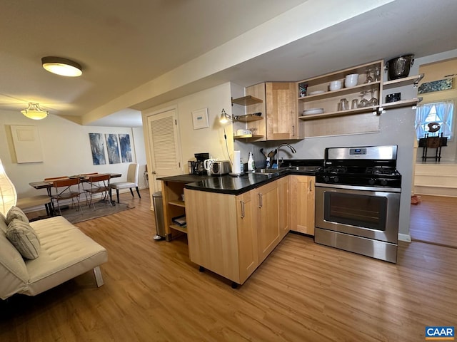 kitchen featuring hardwood / wood-style flooring, gas stove, sink, and light brown cabinetry