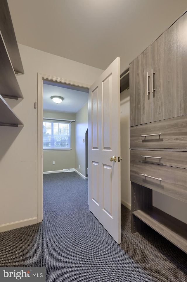 spacious closet featuring dark colored carpet