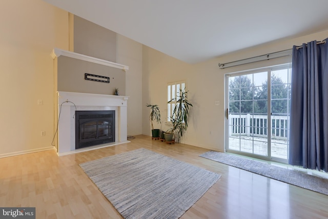 living room featuring wood-type flooring and a high ceiling