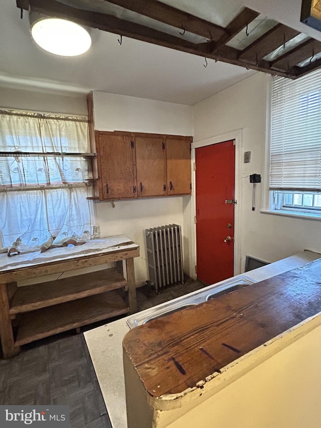 kitchen with dark parquet flooring and radiator