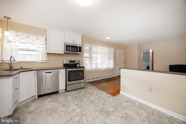 kitchen with white cabinetry, sink, a baseboard radiator, and appliances with stainless steel finishes