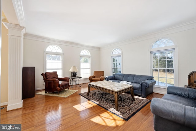 living room with hardwood / wood-style flooring, crown molding, and decorative columns