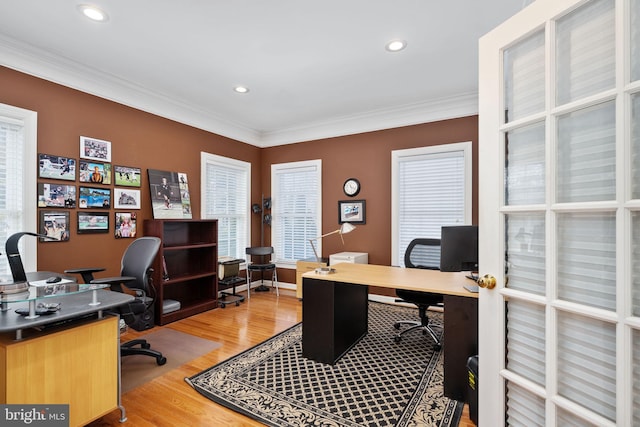 office featuring crown molding and hardwood / wood-style floors