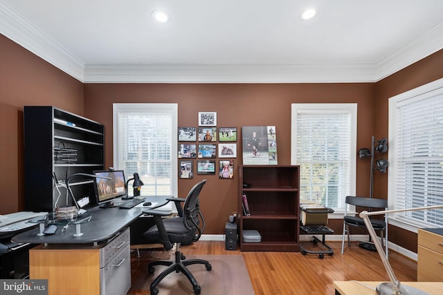 office with wood-type flooring and ornamental molding