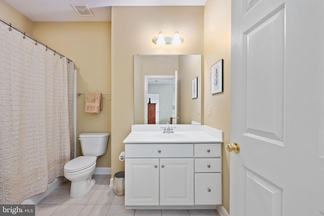 bathroom featuring vanity, a shower with curtain, tile patterned floors, and toilet