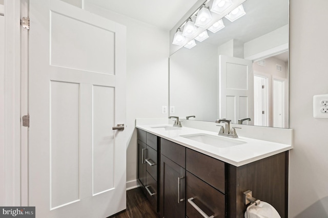 bathroom with wood-type flooring and vanity