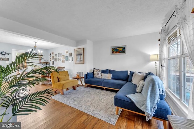 living room with hardwood / wood-style flooring, a chandelier, and a textured ceiling