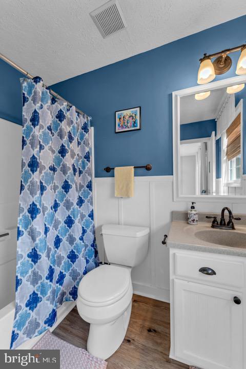 bathroom with vanity, wood-type flooring, toilet, and a textured ceiling