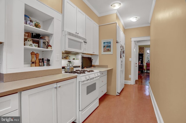 kitchen with white cabinetry, white appliances, and ornamental molding