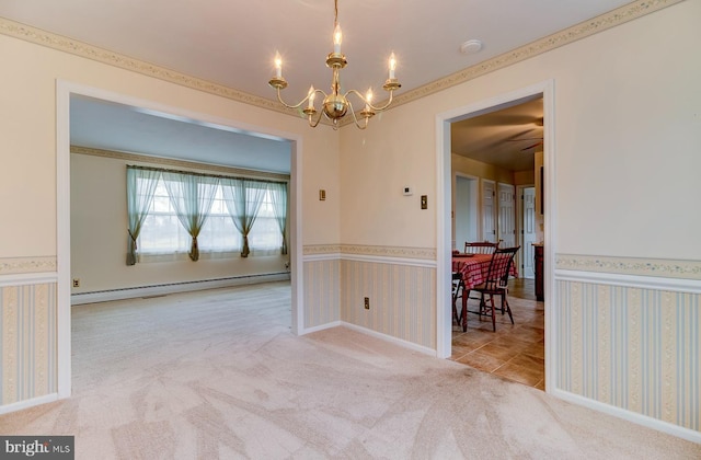 unfurnished dining area with light carpet, an inviting chandelier, and baseboard heating