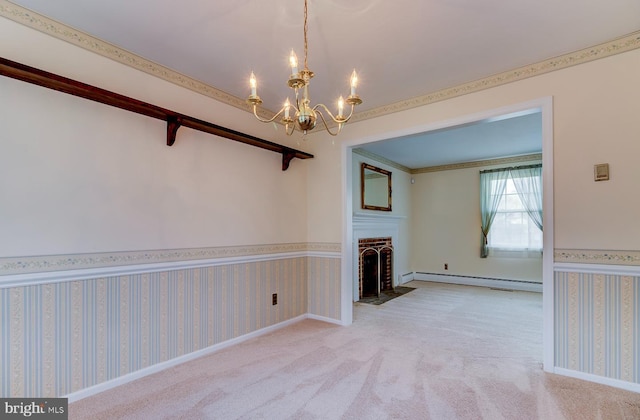 unfurnished living room featuring a baseboard radiator, a fireplace, light carpet, and a notable chandelier