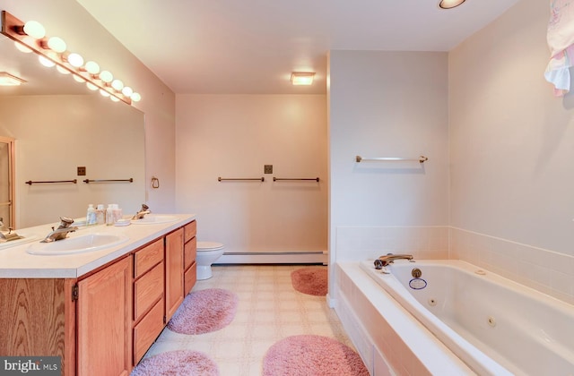 bathroom with vanity, a bathtub, a baseboard radiator, and toilet