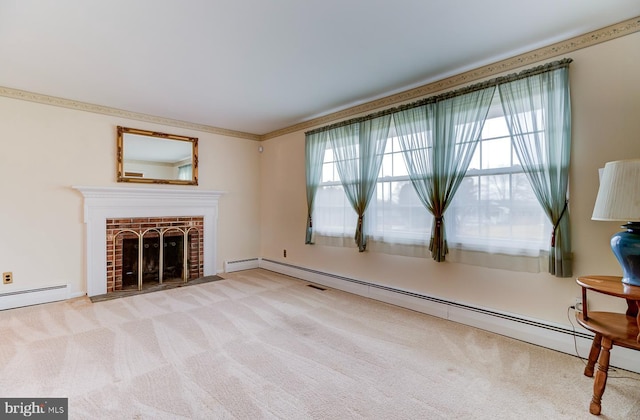 unfurnished room with light colored carpet, a fireplace, and baseboard heating