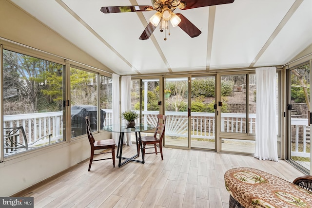 sunroom featuring vaulted ceiling, plenty of natural light, and a ceiling fan