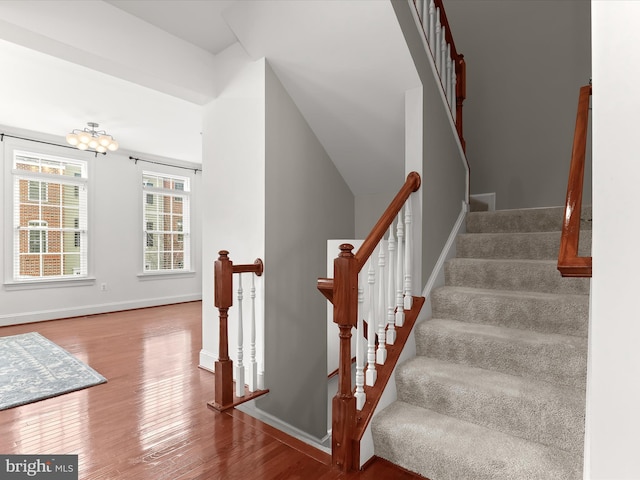 stairway with hardwood / wood-style floors