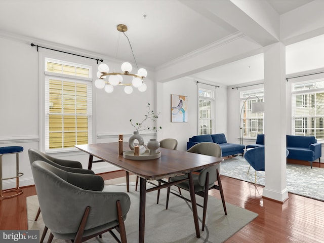 dining area featuring dark hardwood / wood-style flooring, ornamental molding, and a chandelier