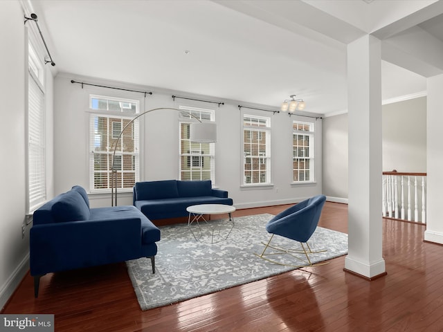 living room with ornamental molding and dark hardwood / wood-style floors