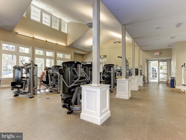 exercise room with a towering ceiling and plenty of natural light