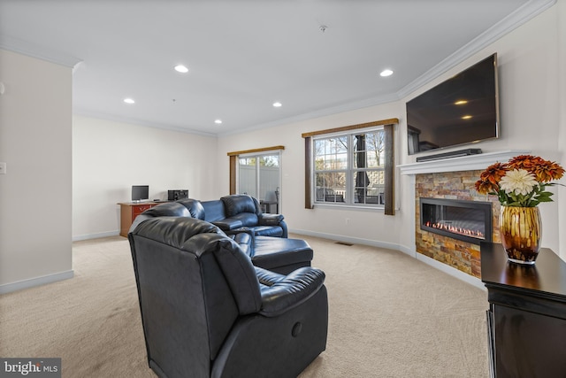 living area with light carpet, a stone fireplace, ornamental molding, and baseboards