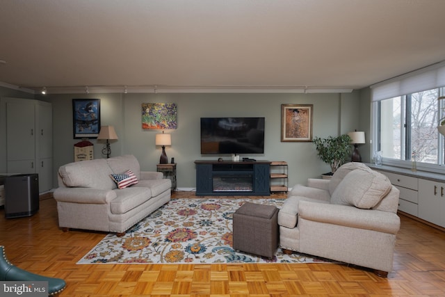 living room featuring rail lighting and light parquet floors