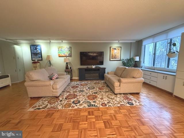 living room with a textured ceiling and light parquet flooring