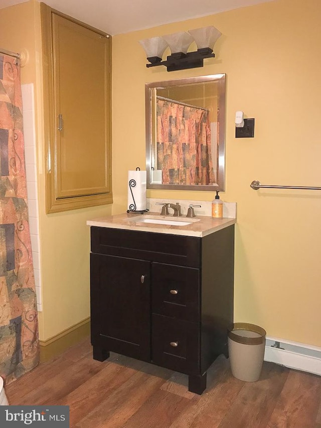 bathroom featuring wood-type flooring, vanity, and a baseboard radiator