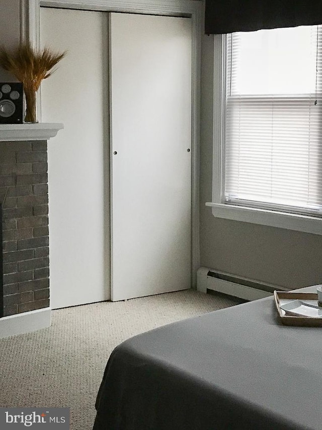 bedroom featuring carpet floors, a fireplace, and a closet