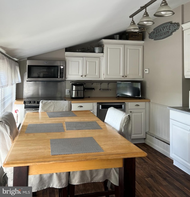 dining room with lofted ceiling and dark wood-type flooring