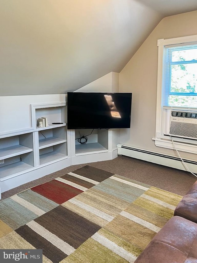 bonus room featuring baseboard heating, vaulted ceiling, carpet floors, and cooling unit